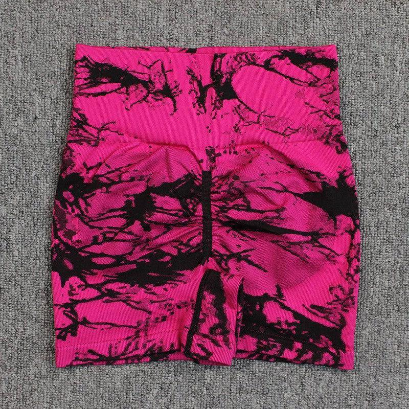 Tie-dye Printed Yoga Pants Summer Quick-drying Fitness Shorts High-waisted Hip-lifting Leggings Women Pants-Rose Red-11