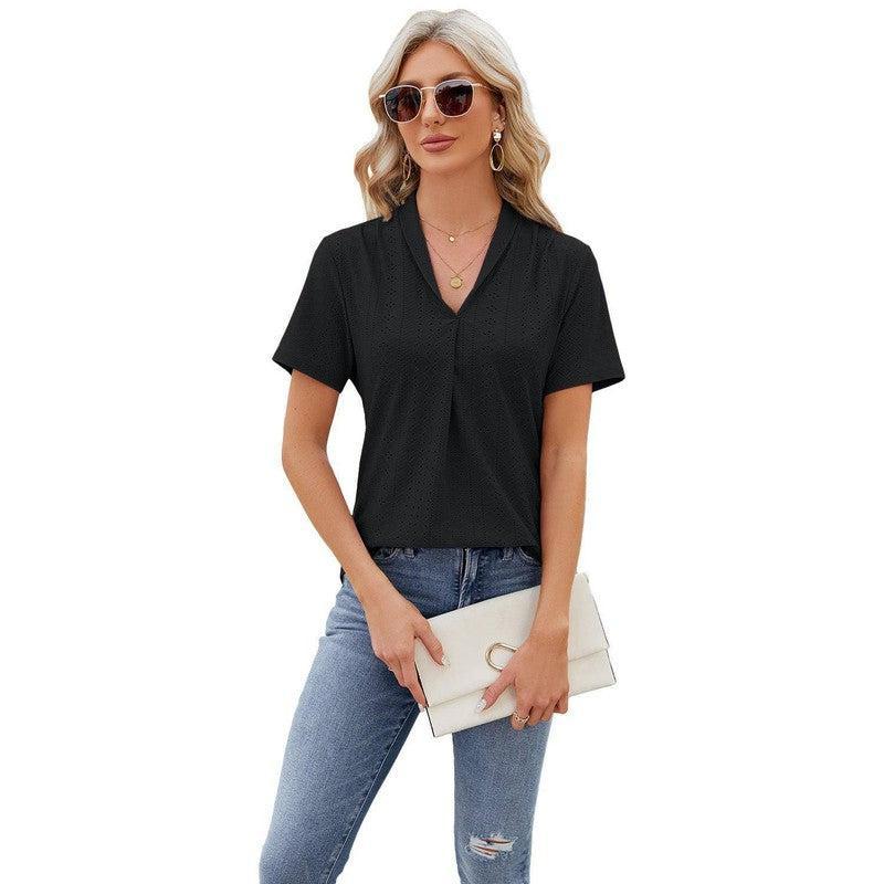 V-neck Hollow Design T-shirt Summer Loose Short-sleeved Top For Womens Clothing-Black-2