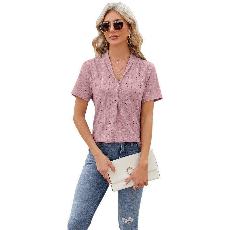 V-neck Hollow Design T-shirt Summer Loose Short-sleeved Top For Womens Clothing-Dark Pink-5