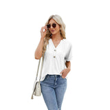 V-neck Rolled Hem Short-sleeved Top Summer Fashion Button-White-7