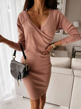 LOVEMI - V-Neck Sexy Mocha Slim Slim Dress