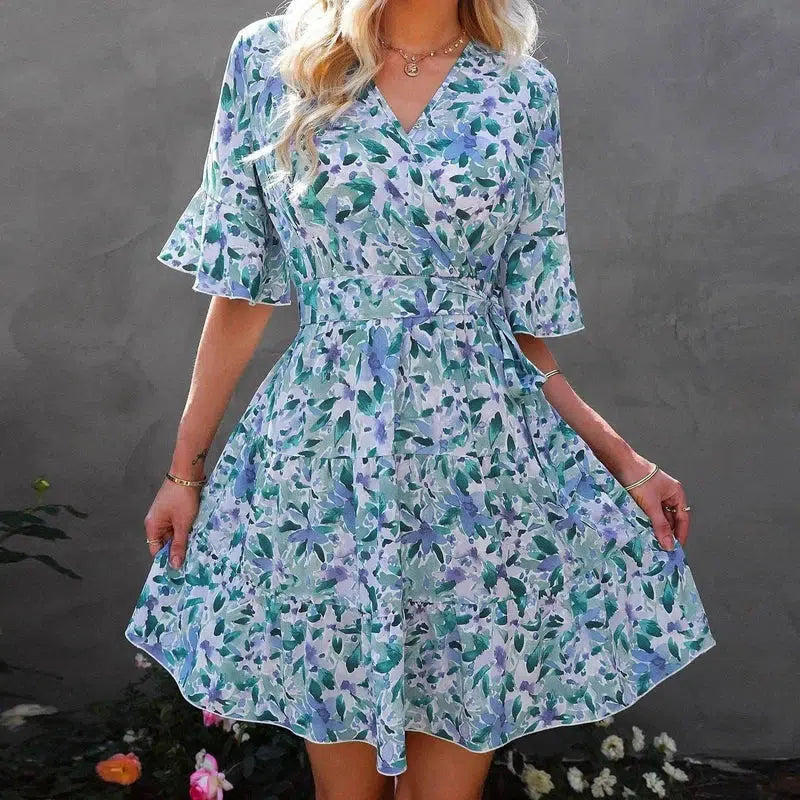 V-neck Short-sleeved Ruffled Floral Dress-4