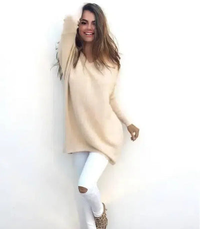 V-Neck Warm Sweaters Casual Sweater-Beige-3