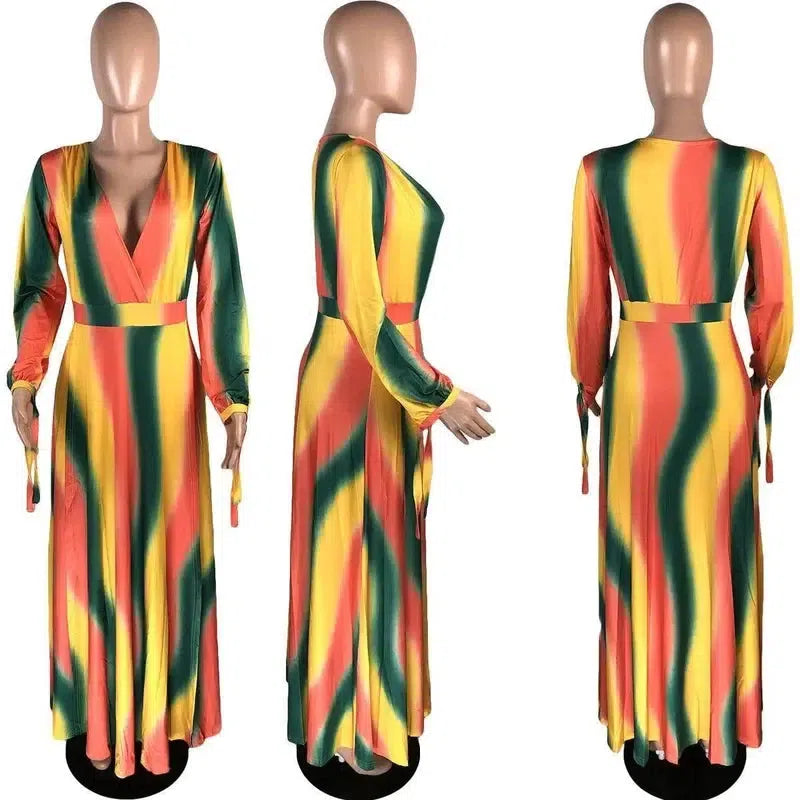 CM.YAYA Women Autumn Rainbow Striped Print V-neck High Split Maxi Dress Plus Size XL-5XL Long Sleeve Floor Length Dresses-5