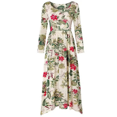 Vintage Floral Print Long Sleeve Crew Neck Dress-Green-4