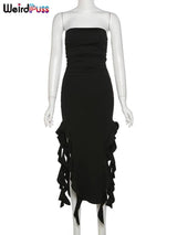 Weird Puss Elegant Strapless Dress Women Irregular Tassel-6