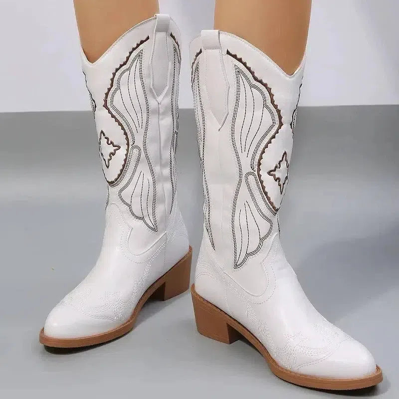 Western Cowboy Boots Women Wing Embroidery Shoes Low Heel-White-2