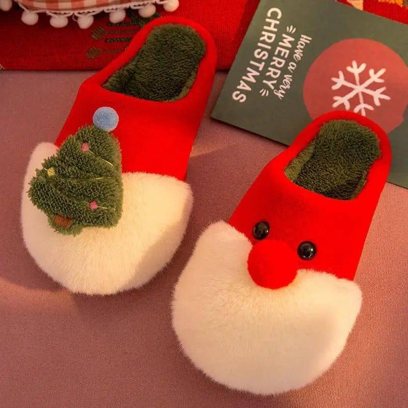 Winter Plush Slippers Christmas Cute Santa Claus And-Red-6