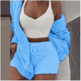 Winter Women Home Wear Suit Casual Pajamas Set Lady Female Soft Warm Long Sleeve Exposed Navel Vest Shorts Set-Blue-11