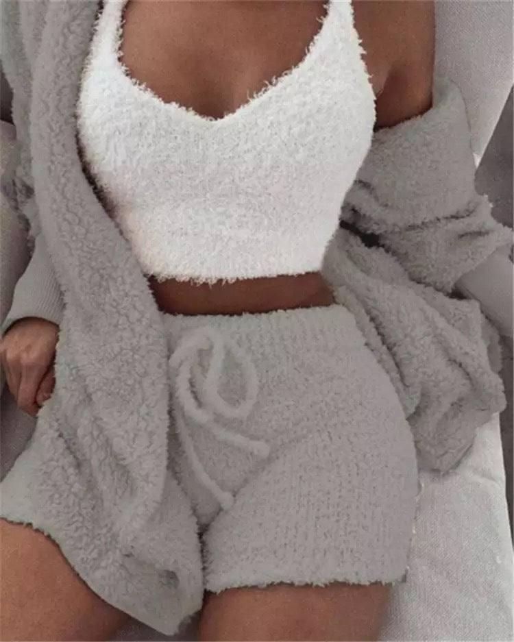 Winter Women Home Wear Suit Casual Pajamas Set Lady Female Soft Warm Long Sleeve Exposed Navel Vest Shorts Set-Grey-4