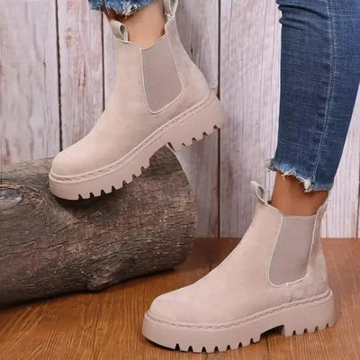 Women Ankle Boots Solid Color Chunky Boots Autumn Winter-Apricot-2