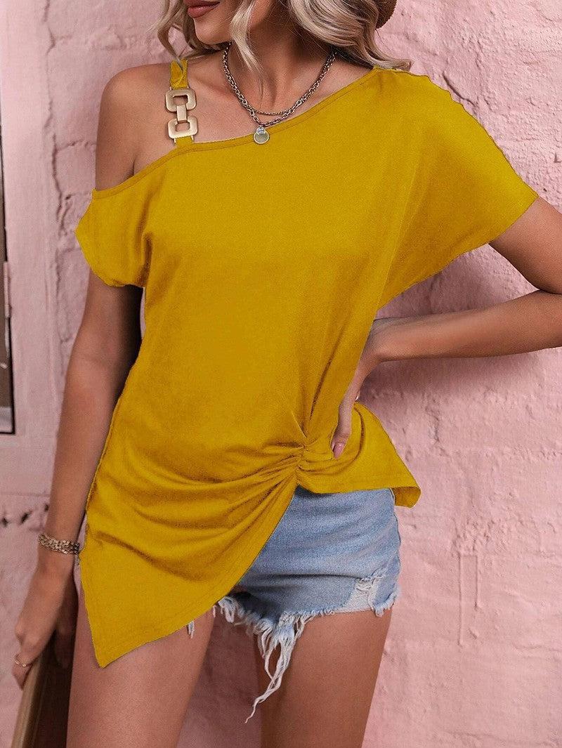 Women Clothes Off Shoulder Blouse Summer Irregular Design Tops Shirt-Yellow-2