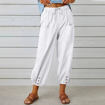 Women Drawstring Tie Pants Spring Summer Cotton And Linen Trousers With Pockets Button-White-4