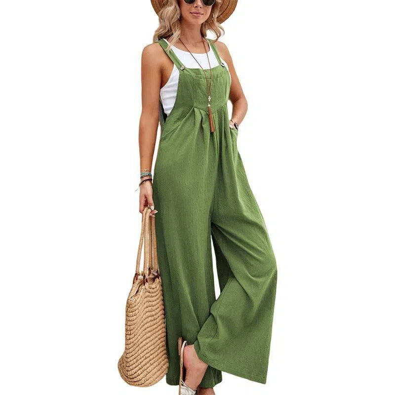 Women Long Bib Pants Overalls Casual Loose Rompers Jumpsuits With Pockets-Grass green-8