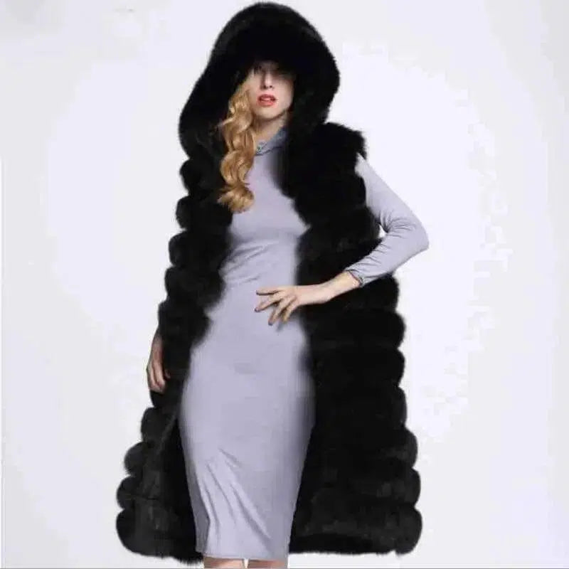 Women Long Faux Fox Fur Slim Vest-Black-2