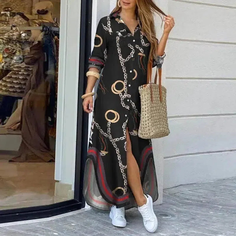 Women Long Sleeve Shirt Dress Printed-2