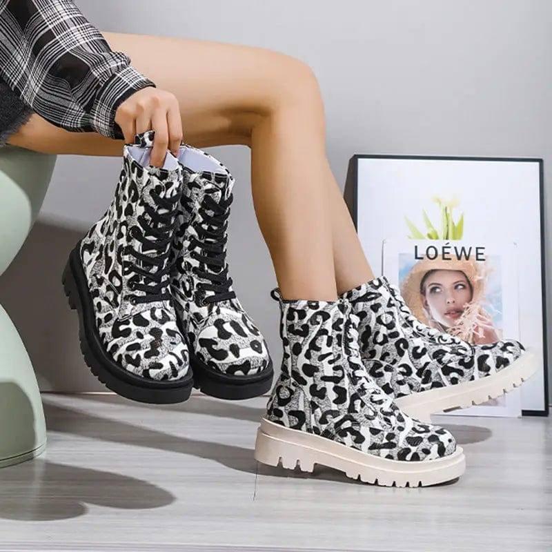 Women Martin Boots Black White Leopard Print Low Heel Shoes-3