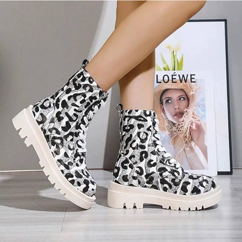 Women Martin Boots Black White Leopard Print Low Heel Shoes-5