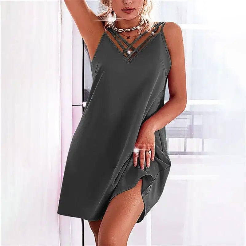 Women's Backless Sling Fashion Crossover Tank Top Dress-Grey-4