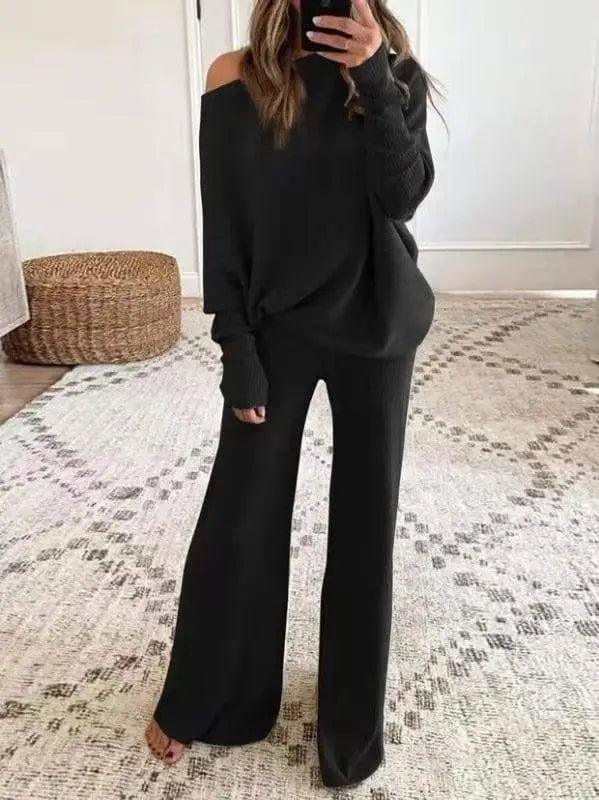 Women's Casual Solid Color One Shoulder Ladies Knit Suit-5