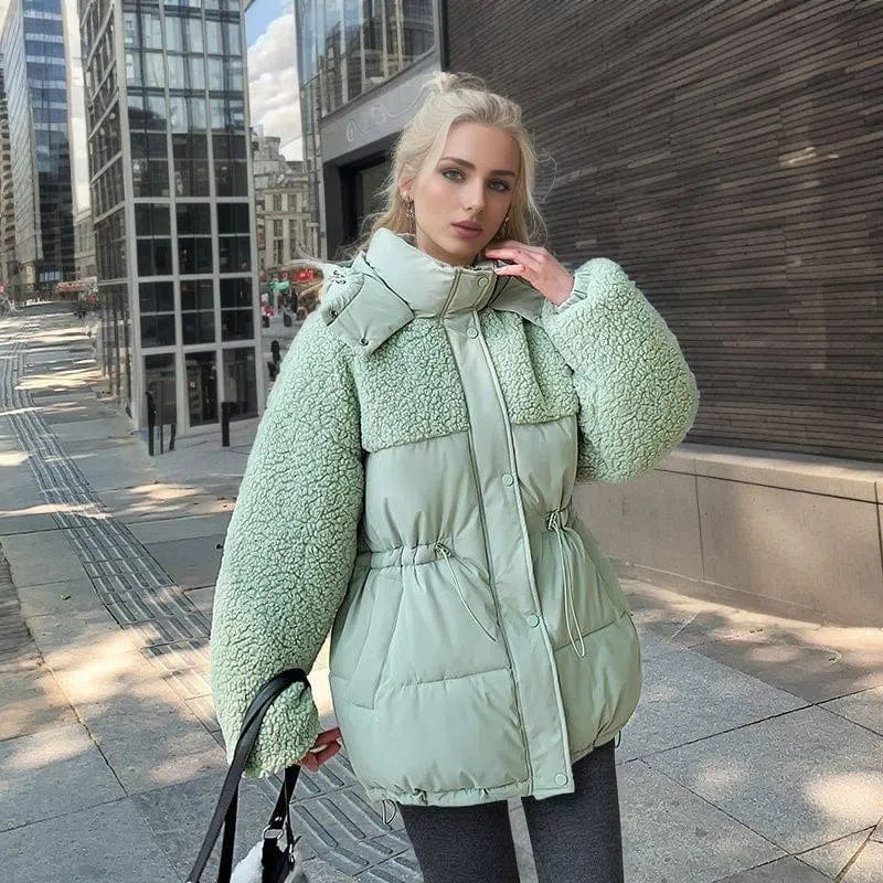 Women's Cotton-padded Coat Stitching Lamb Wool Waist-Bean Green-7