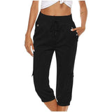 Women's Cropped Pants Cotton Linen Cargo Pocket Casual Pants Sapphire Blue / 2XL-Black-6