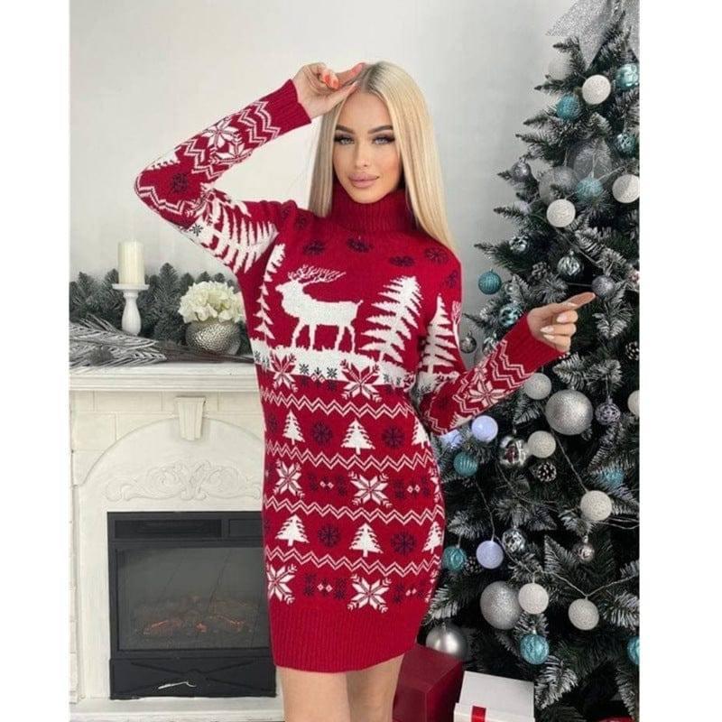 Women's Elk Christmas Tree Jacquard Long Sleeve Dress-High Collar-3