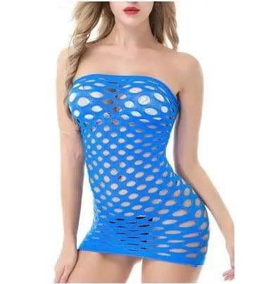 Women's Lingerie Hole Bag Hip Net Dress Short-Blue-1