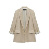 Women's Fashionable Curled Brim Cuff Polo Collar Top Blazer-Beige-7