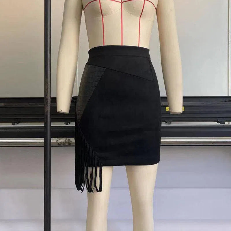 Women's Fringed Skirt Irregular High Waist Hip-Hugging Skirt Fashion Suede Short Dress-Black-7