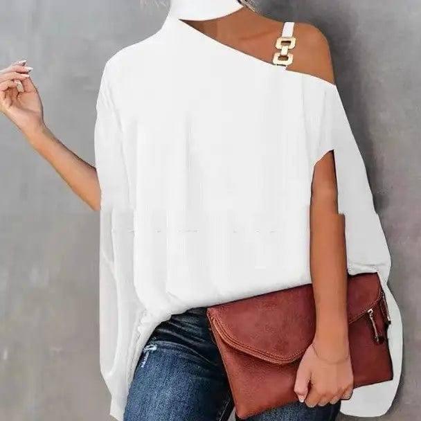 Women's High Neckline Strapless Crossbody Shoulder Cape-White-1