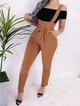 Women's high waist casual jumpsuit suspenders-Khaki-22