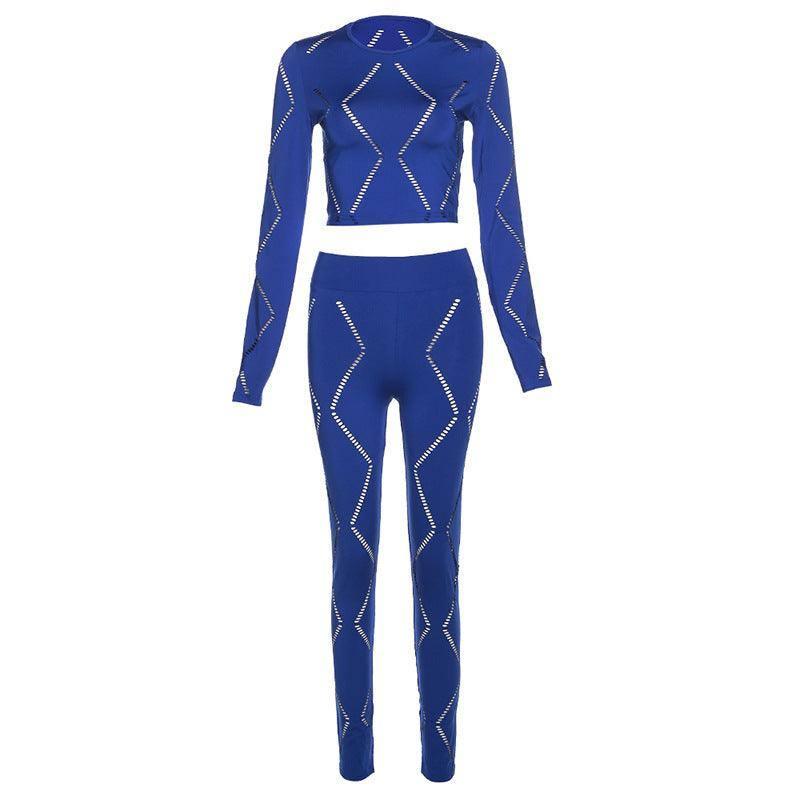 Women's Hollow-out Ripped High Waist Tight Pants Casual Sports Suit-Blue-8