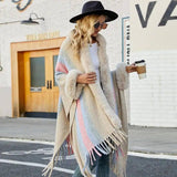 Women's Hooded Cape Autumn And Winter Striped-1