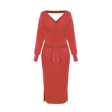 Women's Knitted Dress Slim V-neck-Red-4