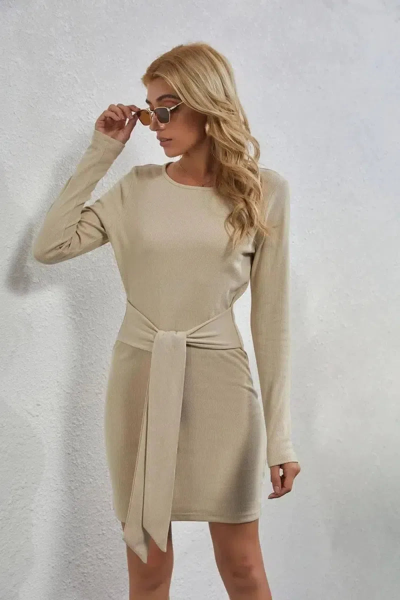 Women's Long Sleeve Hipster Dress-Khaki-2