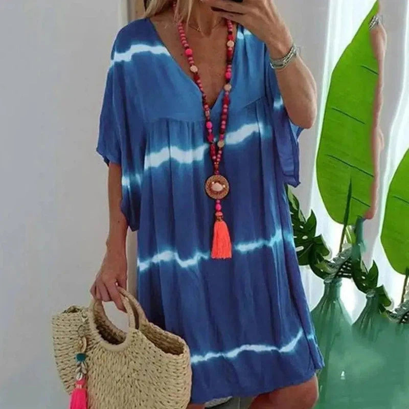 Women's Loose V Neck Striped Tie Dye Print Short Sleeve-Blue-6