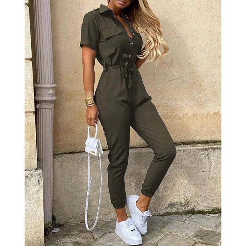 Women's Monochromatic Belt Workwear Jumpsuit, Casual Pants,-3