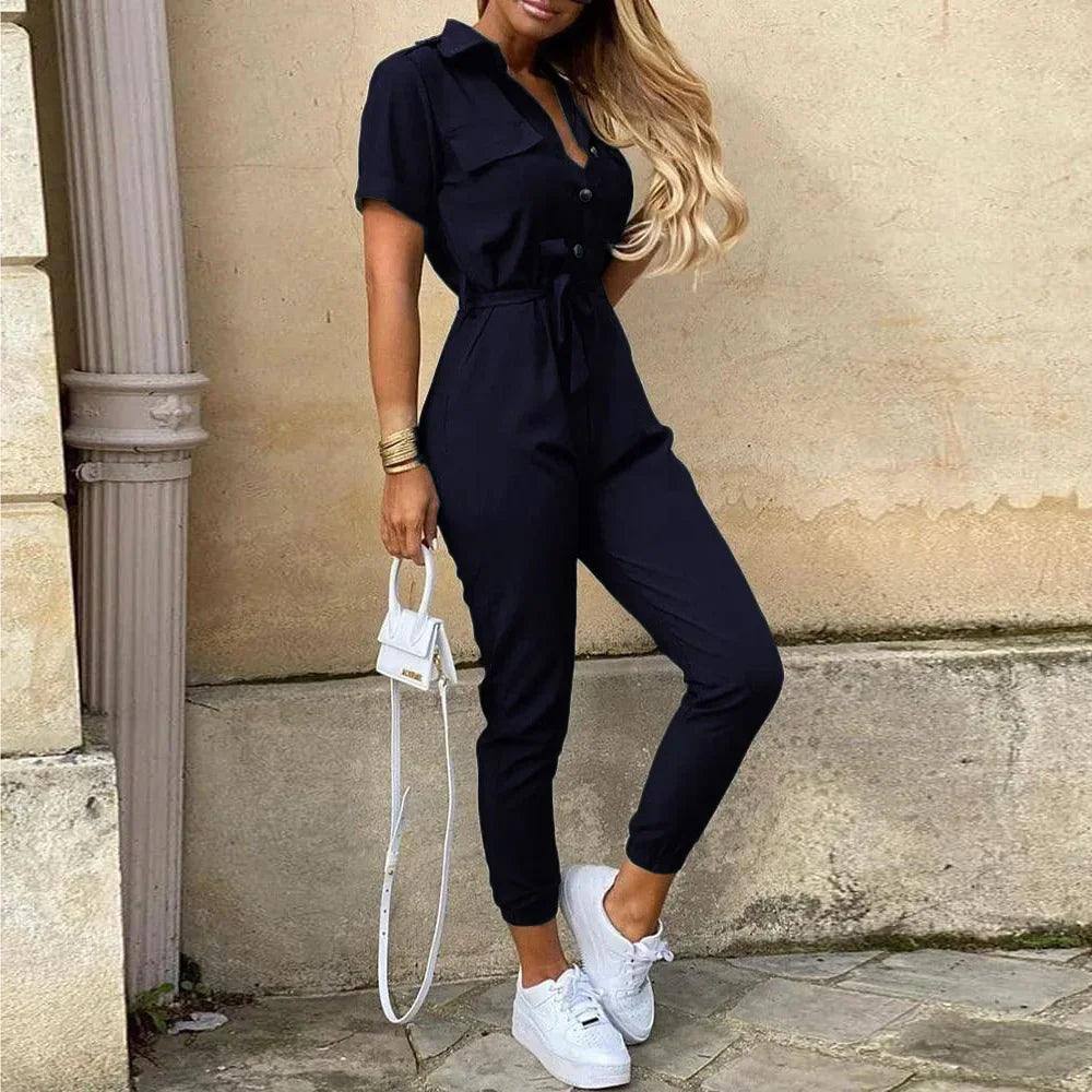 Women's Monochromatic Belt Workwear Jumpsuit, Casual Pants,-4