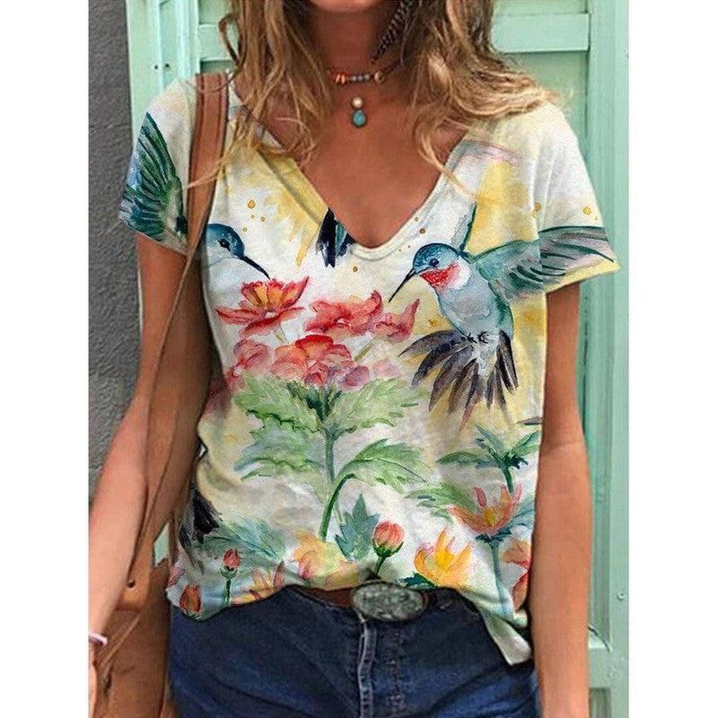 Women's Printed Short-sleeved T-shirt V-neck Loose Top-Style 3-4