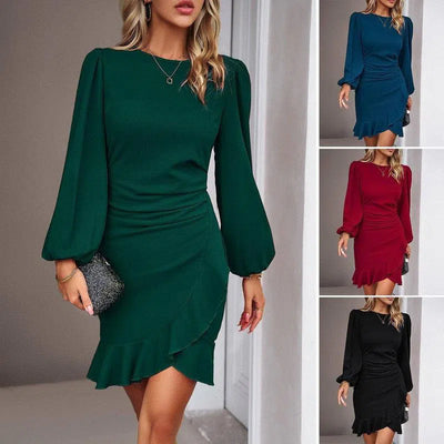 Women's Puff Long Sleeve Fashion Graceful Solid Color Slim Hip-covering Short Dress Womens Clothing-1