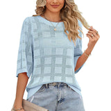 Women's Round Neck Hollowed Out Sun Protection Shirt Knitted-Light Blue-4