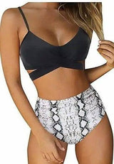 Women Soild Print Bikini Set Push Up Bathing Swimwear-Black-11