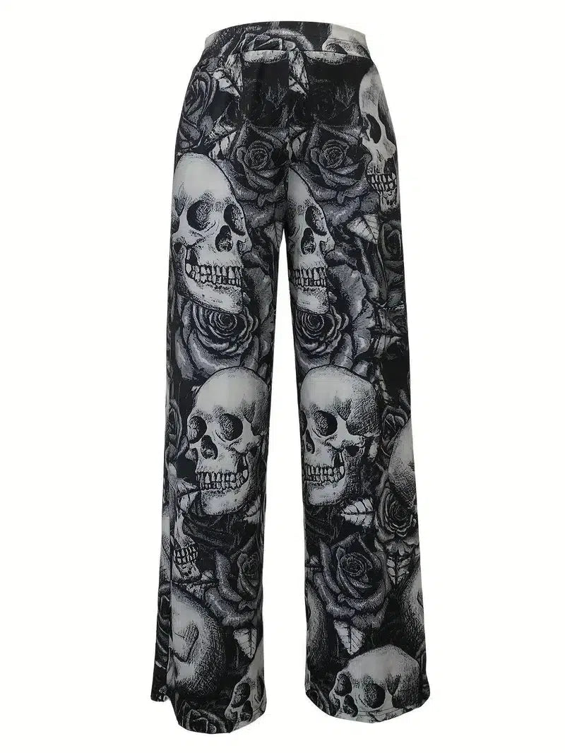 Women Stylish Skulls Printed Wide Leg PanT With Pockets-5