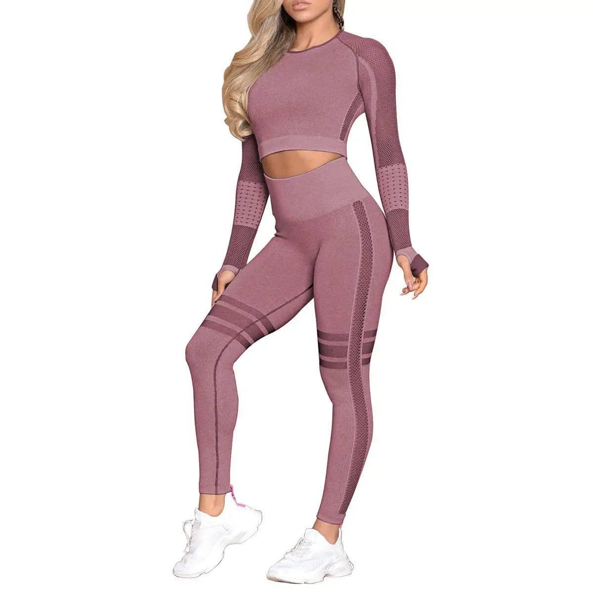 Yoga Crop Top Seamless Yoga sets-Wine red set-27