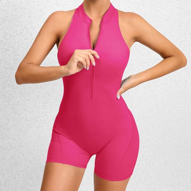 Zippered Yoga Fitness Shorts Jumpsuit Sleeveless Tummy Control Stretch Shapewear Butt Lifting Sportswear Women-Rose Red-16