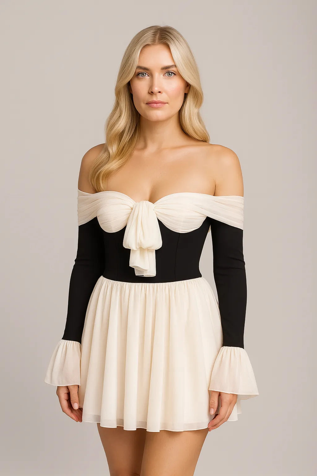 Gaun Wanita dengan Warna Serasi Off-shoulder