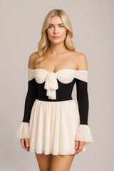 Gaun Wanita dengan Warna Serasi Off-shoulder