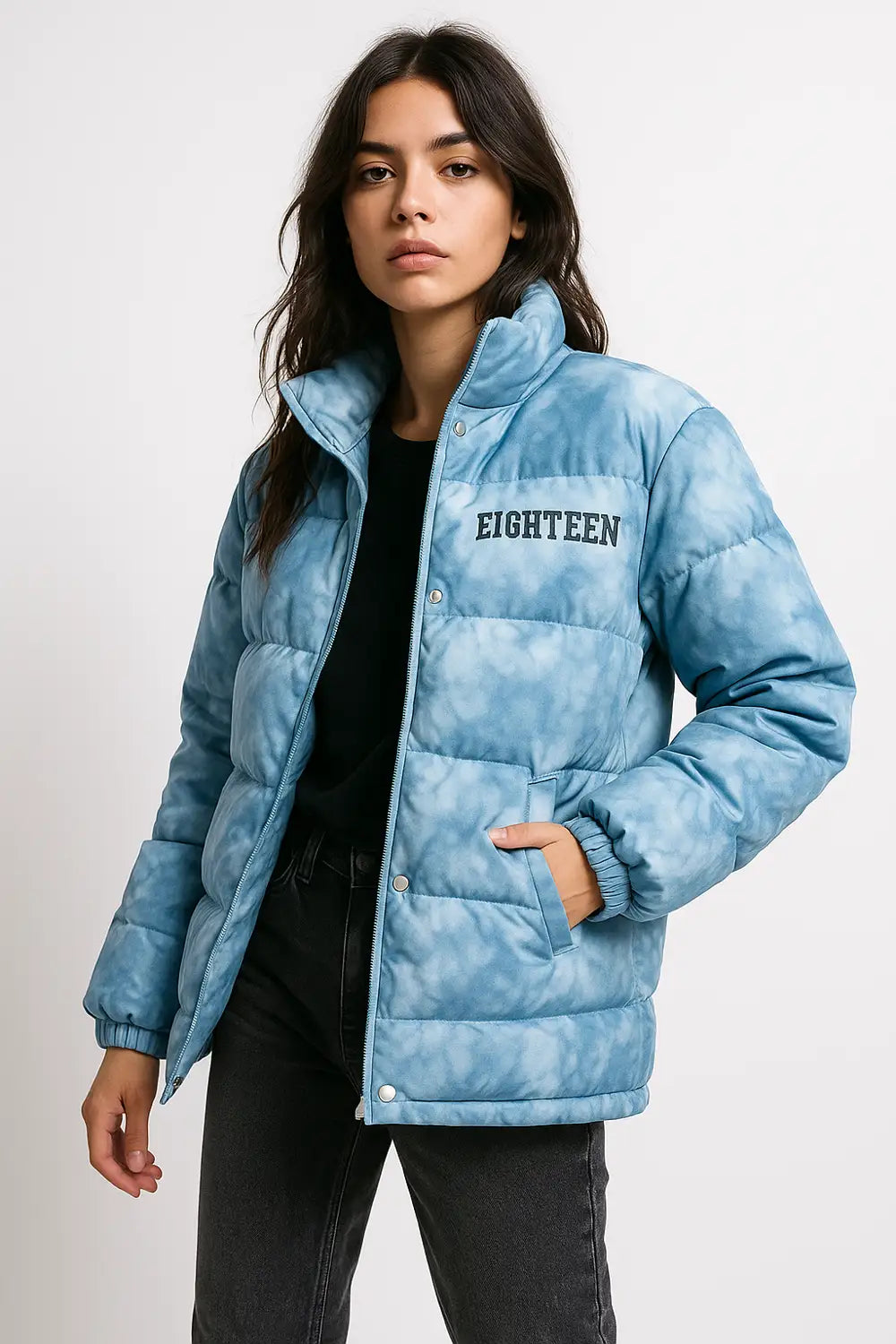 Light blue puffer jacket for women – trendy tie-dye quilted winter coat