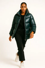 Dark green women’s puffer jacket – glossy quilted winter coat with zipper front